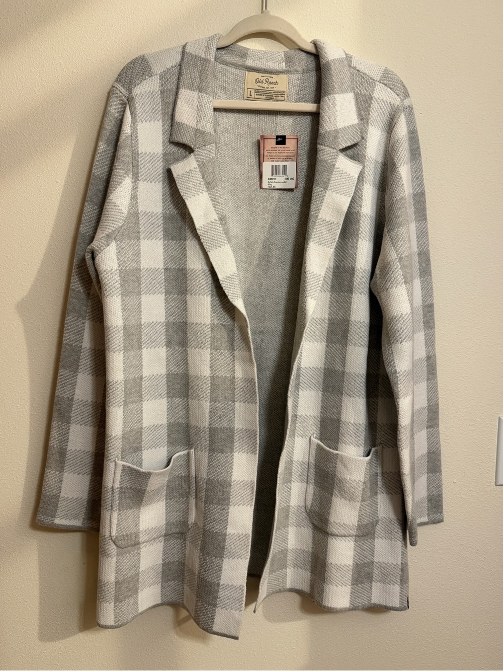 Old Ranch Brands NWT Buffalo Plaid Sweater Jacket Size L Gray White Cabincore